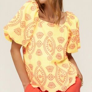 Lilly Pulitzer Lettie Yellow Eyelet Blouse Size S Puff‎ Short Sleeve Preppy Boho